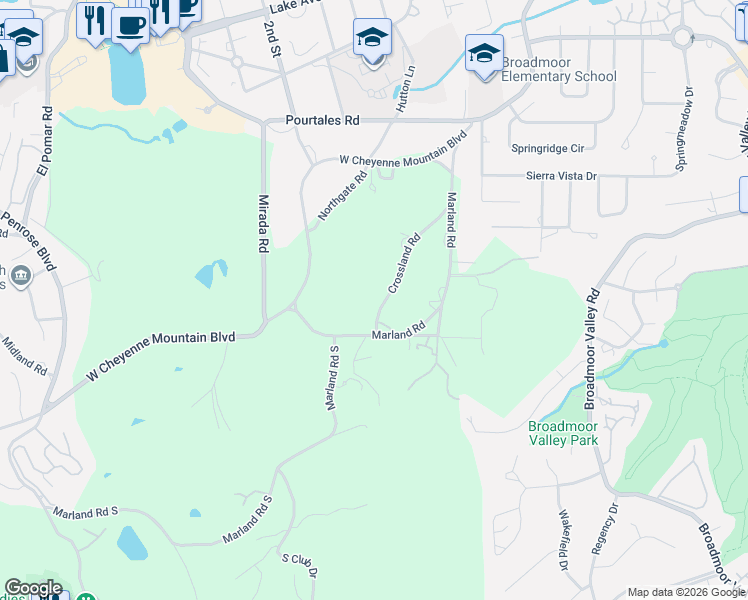 map of restaurants, bars, coffee shops, grocery stores, and more near 22 Crossland Road in Colorado Springs