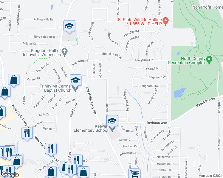 map of restaurants, bars, coffee shops, grocery stores, and more near 11470 Latonka Trail in Florissant