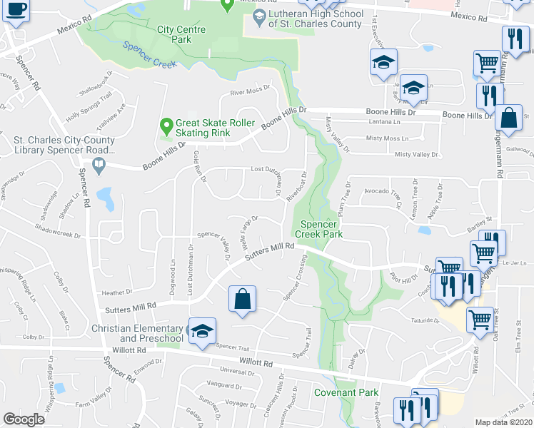 map of restaurants, bars, coffee shops, grocery stores, and more near 26 Wells Fargo Drive in St. Peters