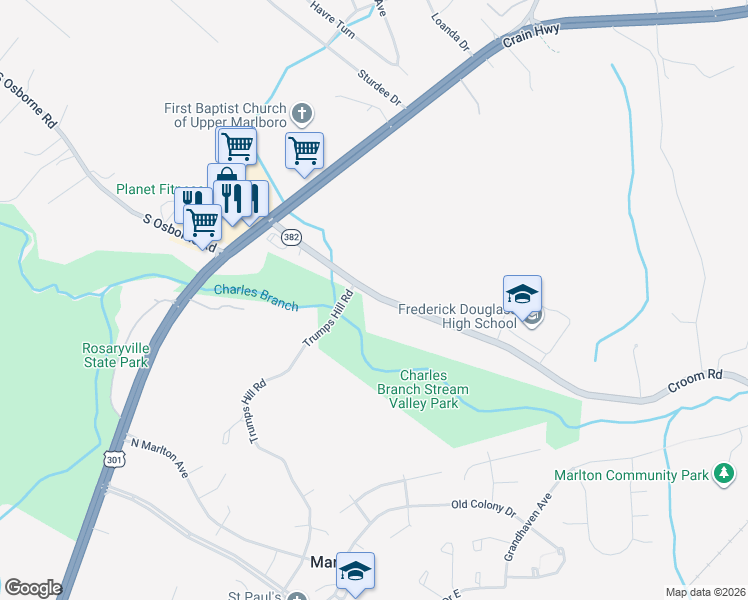 map of restaurants, bars, coffee shops, grocery stores, and more near 7815 Croom Road in Upper Marlboro