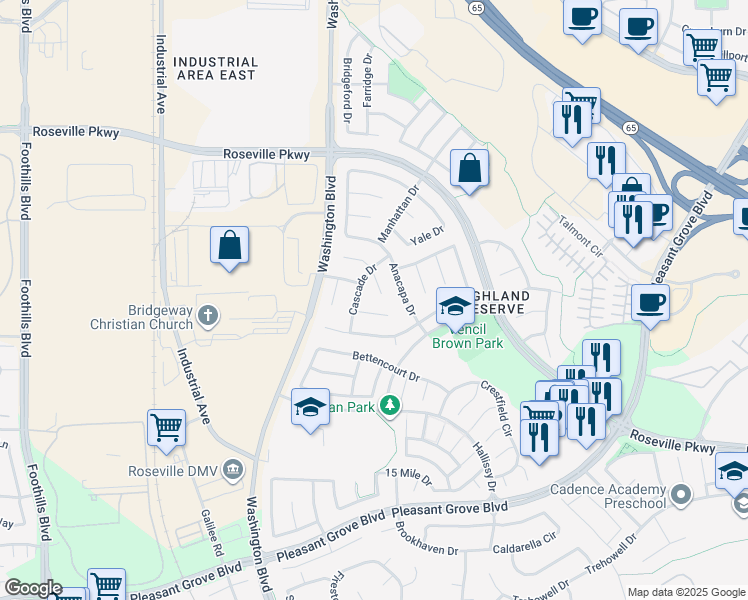 map of restaurants, bars, coffee shops, grocery stores, and more near 52 Celestial Court in Roseville