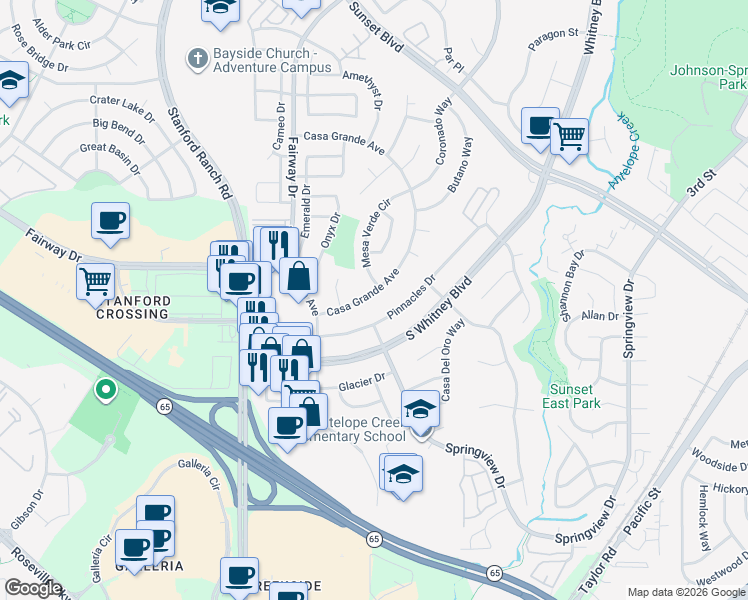 map of restaurants, bars, coffee shops, grocery stores, and more near 5855 Casa Grande Avenue in Rocklin