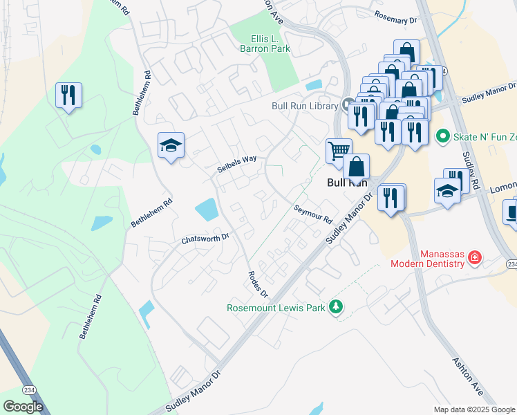 map of restaurants, bars, coffee shops, grocery stores, and more near 8050 Lisle Drive in Manassas