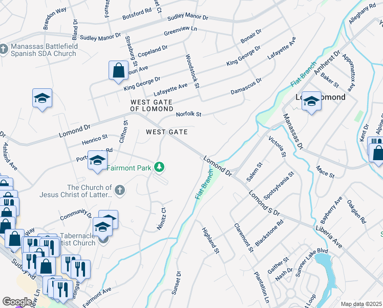 map of restaurants, bars, coffee shops, grocery stores, and more near 9703 Lomond Drive in Manassas