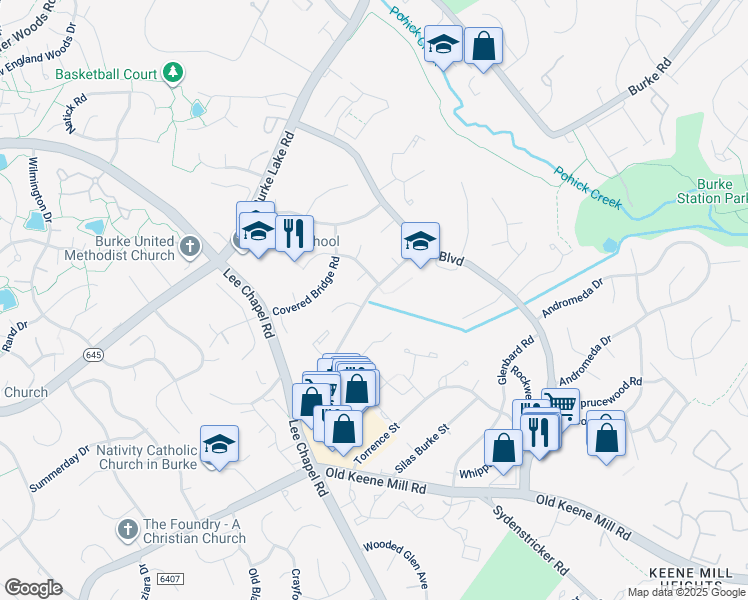 map of restaurants, bars, coffee shops, grocery stores, and more near 6213 Capella Avenue in Burke