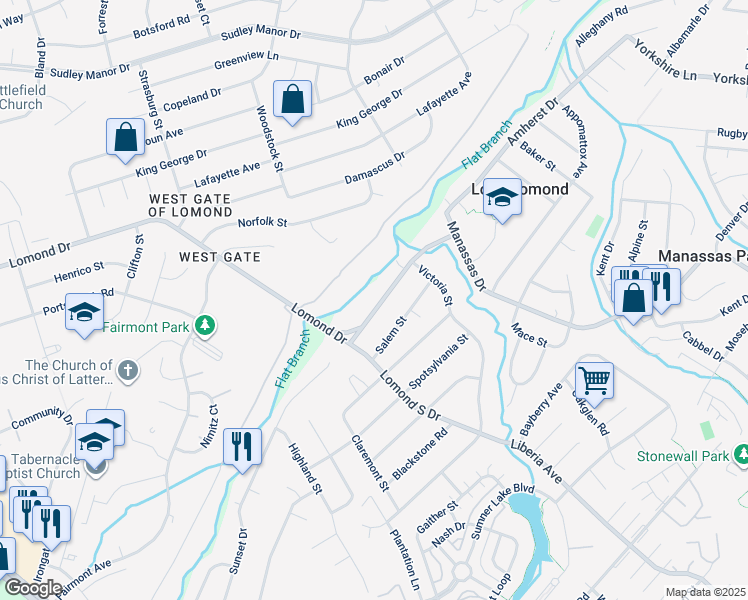 map of restaurants, bars, coffee shops, grocery stores, and more near 9516 Lomond Drive in Manassas
