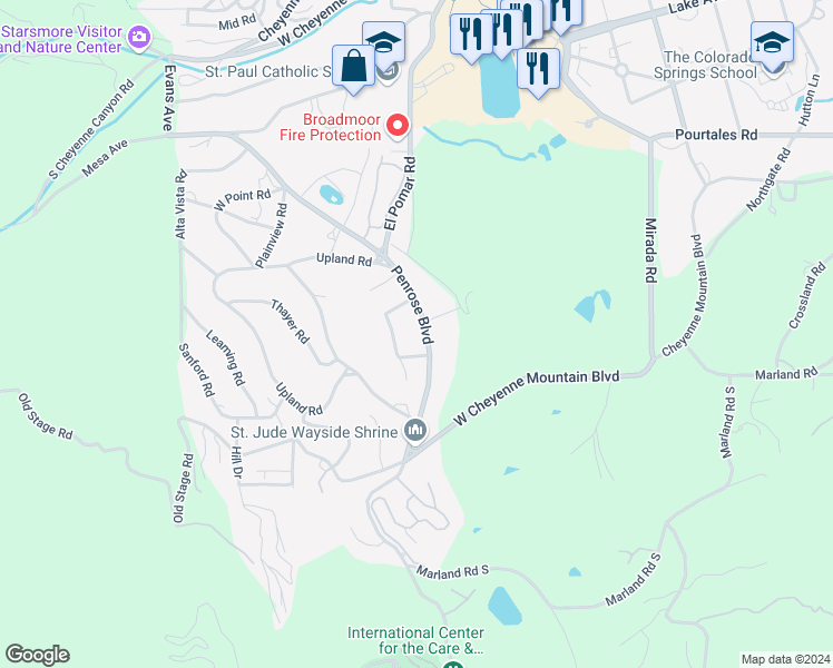 map of restaurants, bars, coffee shops, grocery stores, and more near 526 Penrose Boulevard in Colorado Springs