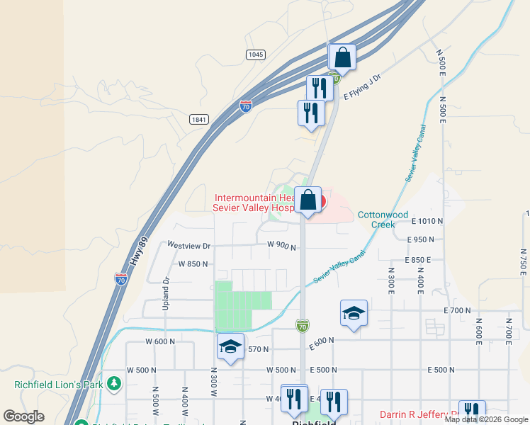 map of restaurants, bars, coffee shops, grocery stores, and more near 1029 North Plaza Drive in Richfield