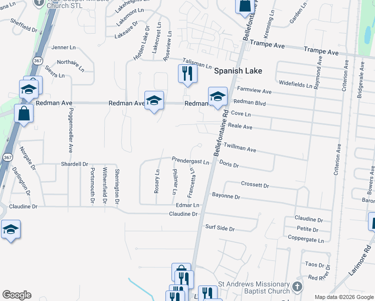 map of restaurants, bars, coffee shops, grocery stores, and more near 11607 Francetta Lane in Saint Louis