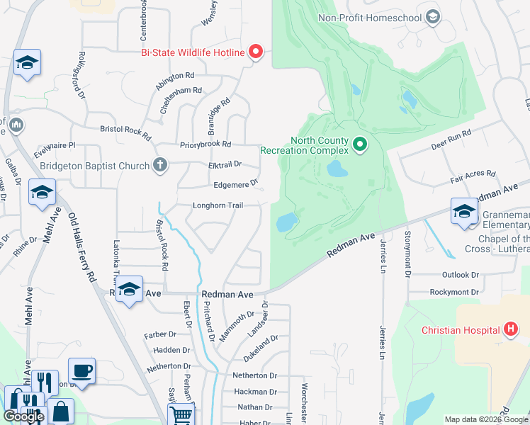 map of restaurants, bars, coffee shops, grocery stores, and more near 11478 Prentice Drive in Florissant
