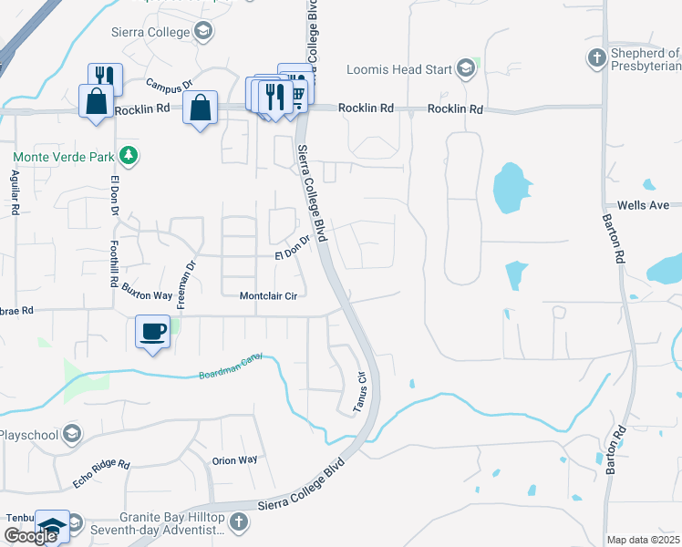 map of restaurants, bars, coffee shops, grocery stores, and more near 5367 Brookfield Circle in Rocklin