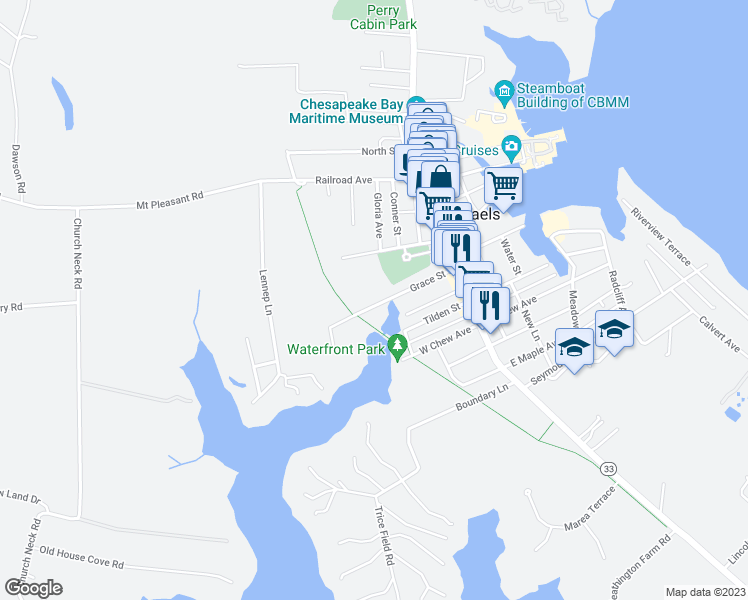 map of restaurants, bars, coffee shops, grocery stores, and more near 123 Grace Street in Saint Michaels