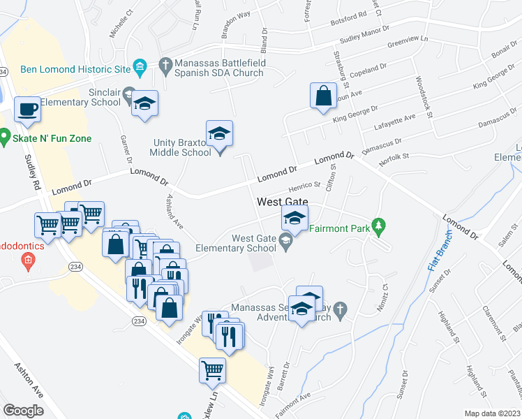 map of restaurants, bars, coffee shops, grocery stores, and more near 8009 Urbanna Road in Manassas