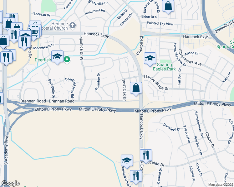 map of restaurants, bars, coffee shops, grocery stores, and more near 3420 Galleria Terrace in Colorado Springs