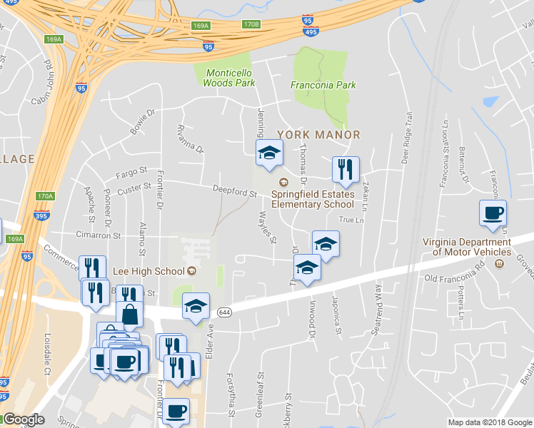 map of restaurants, bars, coffee shops, grocery stores, and more near 6205 Wayles Street in Springfield