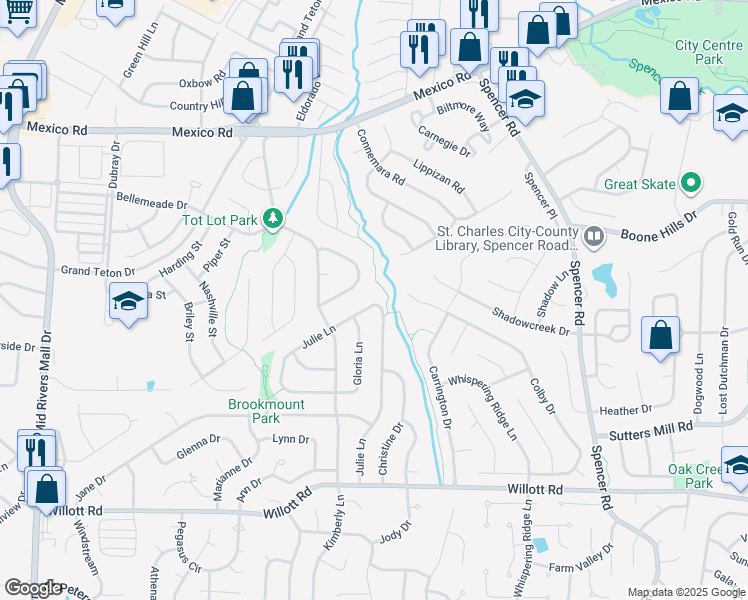 map of restaurants, bars, coffee shops, grocery stores, and more near 53 Julie Lane in St. Peters