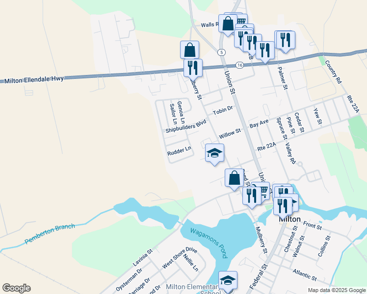 map of restaurants, bars, coffee shops, grocery stores, and more near 424 Rudder Lane in Milton