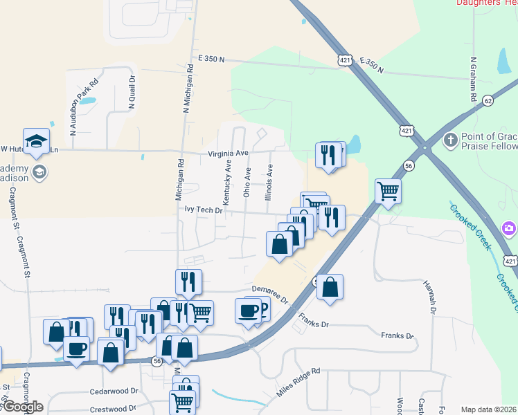 map of restaurants, bars, coffee shops, grocery stores, and more near 431 Ivy Tech Drive in Madison