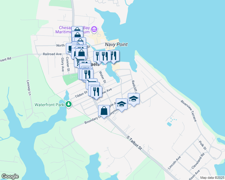 map of restaurants, bars, coffee shops, grocery stores, and more near 208 East Chew Avenue in Saint Michaels