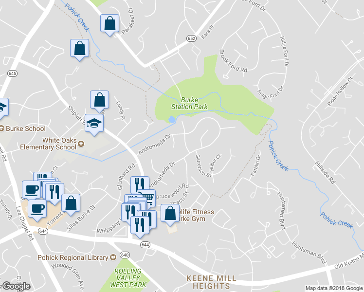 map of restaurants, bars, coffee shops, grocery stores, and more near 6218 Erman Street in Burke