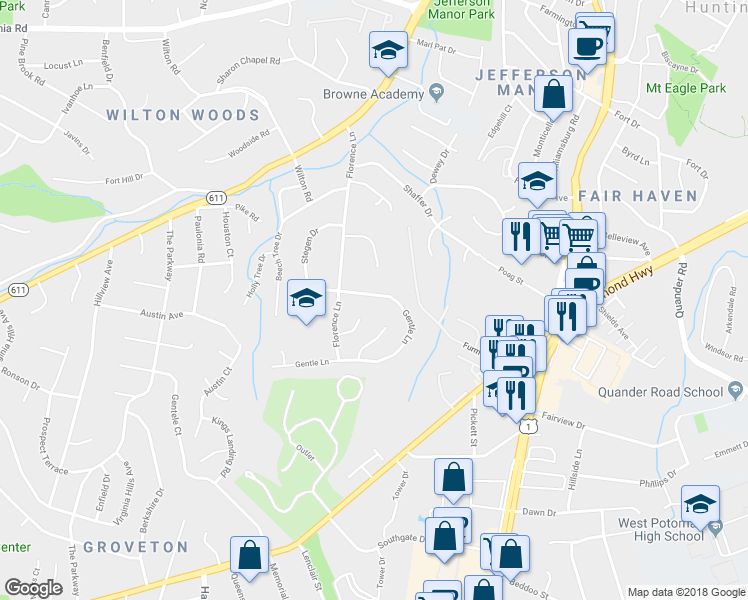 map of restaurants, bars, coffee shops, grocery stores, and more near 6210 Gentle Lane in Alexandria