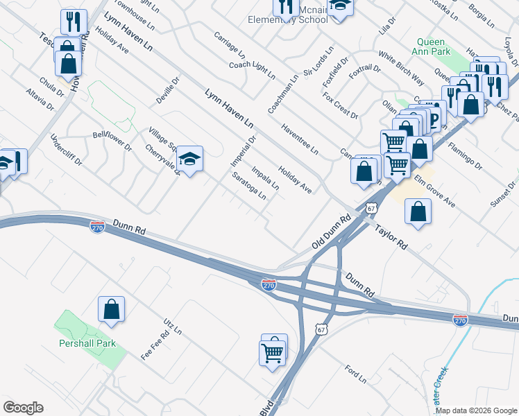 map of restaurants, bars, coffee shops, grocery stores, and more near 503 Village Square Drive in Hazelwood
