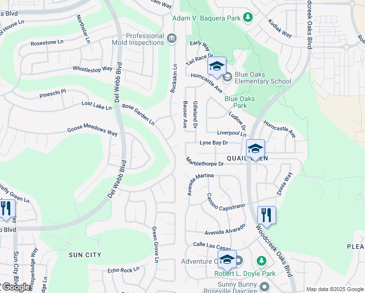 map of restaurants, bars, coffee shops, grocery stores, and more near 7317 Marblethorpe Drive in Roseville