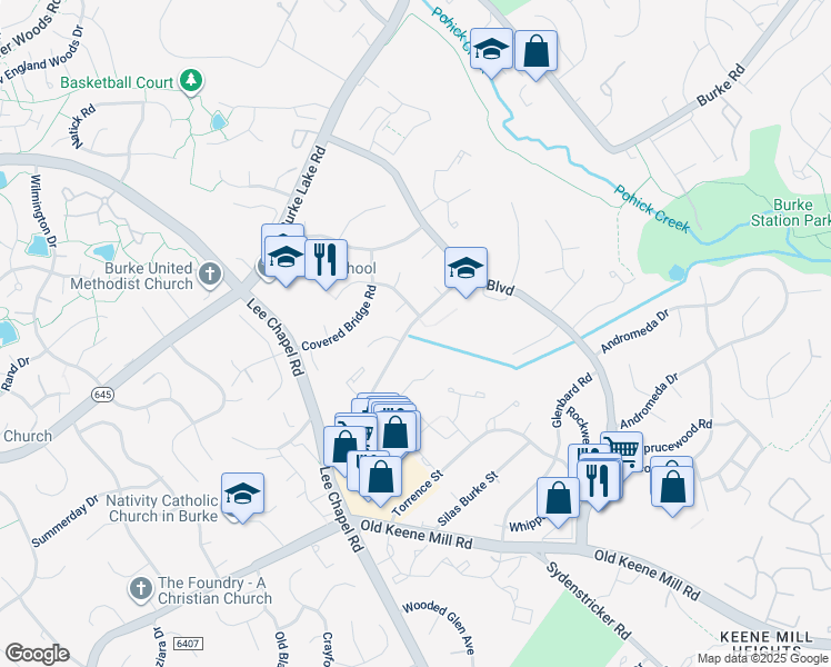 map of restaurants, bars, coffee shops, grocery stores, and more near 6213 Capella Avenue in Burke