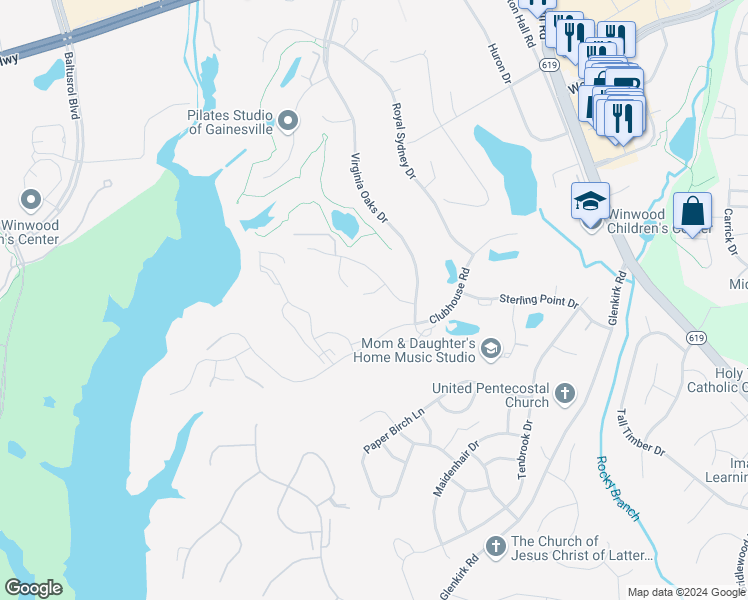 map of restaurants, bars, coffee shops, grocery stores, and more near 8025 County Down Court in Gainesville