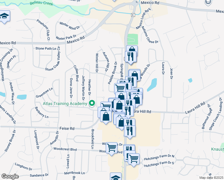 map of restaurants, bars, coffee shops, grocery stores, and more near 1933 Springhill Drive in O'Fallon