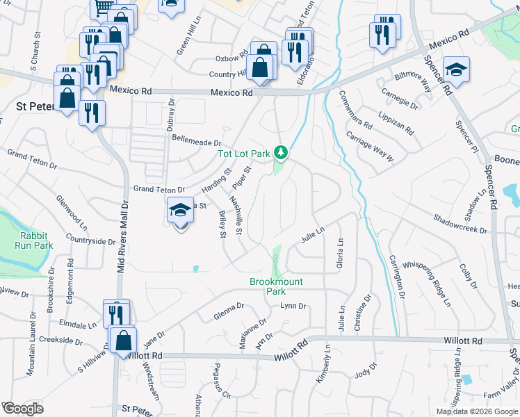 map of restaurants, bars, coffee shops, grocery stores, and more near 1233 Cashmere Lane in St. Peters
