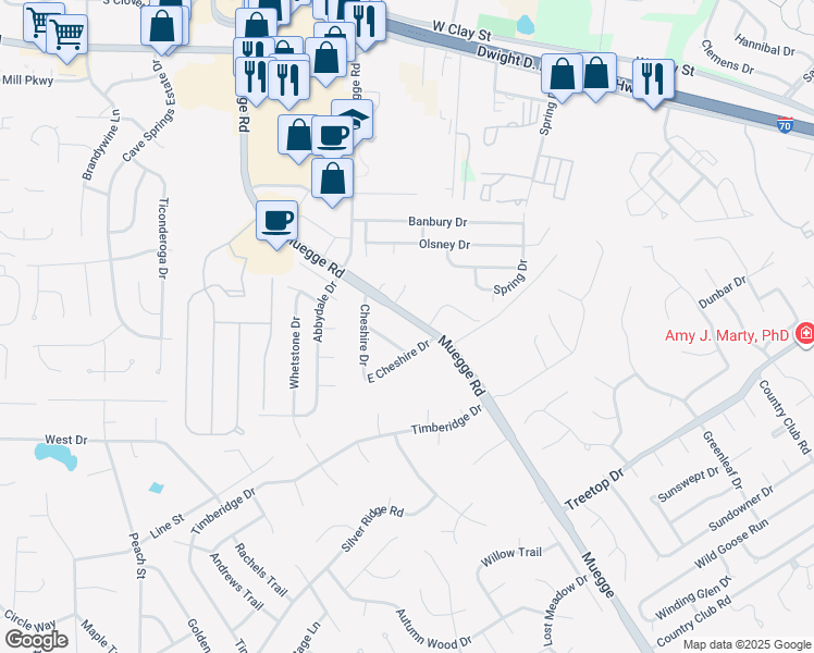 map of restaurants, bars, coffee shops, grocery stores, and more near 2411 Muegge Road in Saint Charles