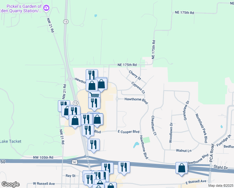 map of restaurants, bars, coffee shops, grocery stores, and more near 303 Hawthorne Boulevard in Warrensburg