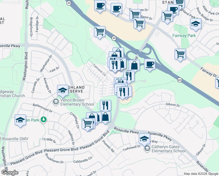 map of restaurants, bars, coffee shops, grocery stores, and more near 37 Villa Gardens Court in Roseville