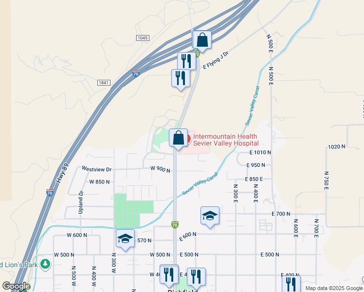 map of restaurants, bars, coffee shops, grocery stores, and more near 1000n North Main Street in Richfield