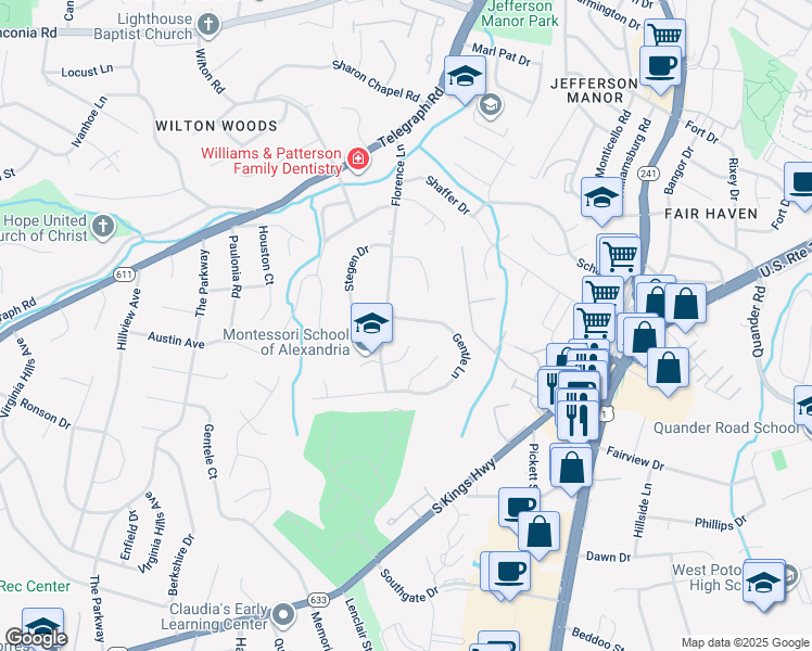 map of restaurants, bars, coffee shops, grocery stores, and more near 6204 Gentle Lane in Alexandria