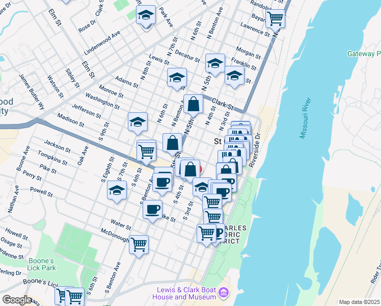 map of restaurants, bars, coffee shops, grocery stores, and more near 330 Jefferson Street in Saint Charles
