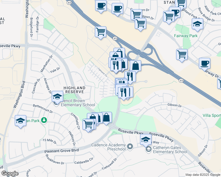 map of restaurants, bars, coffee shops, grocery stores, and more near 37 Villa Gardens Court in Roseville