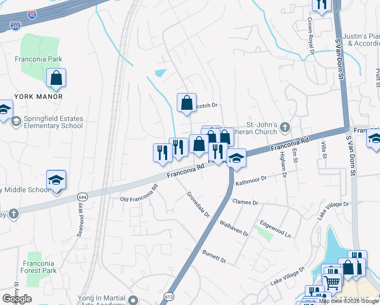 map of restaurants, bars, coffee shops, grocery stores, and more near 6230 Valley View Drive in Alexandria