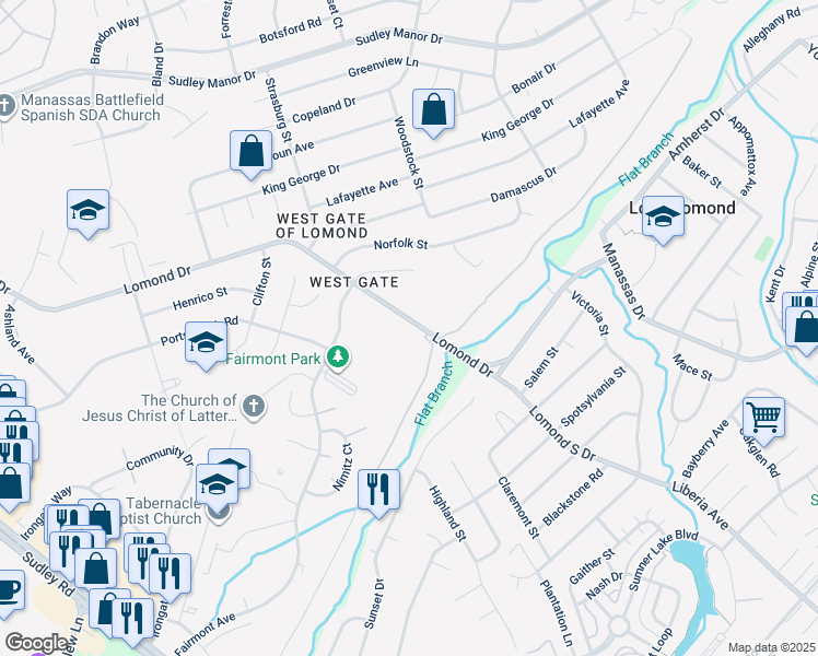 map of restaurants, bars, coffee shops, grocery stores, and more near 9703 Lomond Drive in Manassas