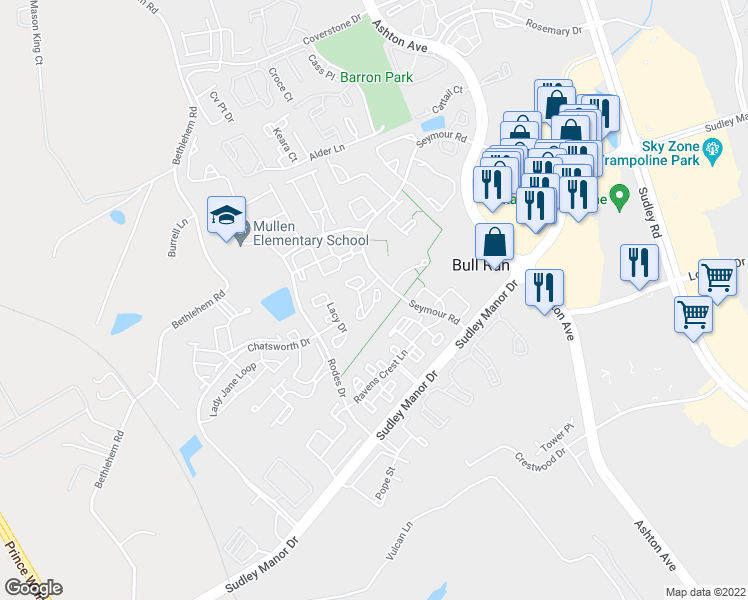 map of restaurants, bars, coffee shops, grocery stores, and more near 10996 Kinship Court in Manassas