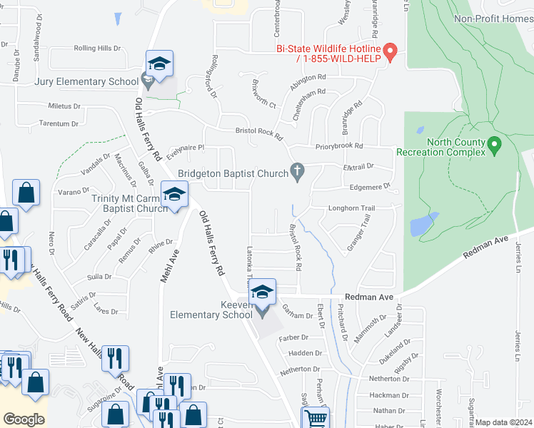 map of restaurants, bars, coffee shops, grocery stores, and more near 11467 Maridosa Trail in Florissant