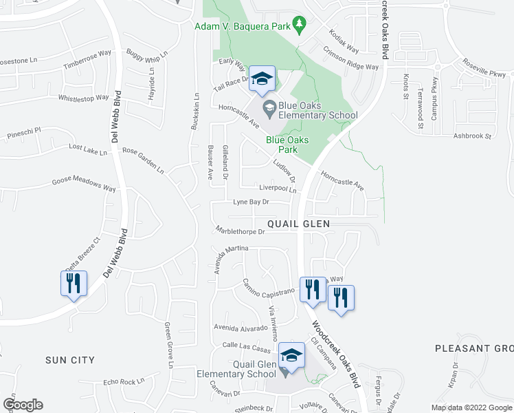 map of restaurants, bars, coffee shops, grocery stores, and more near 7028 Silverfield Way in Roseville