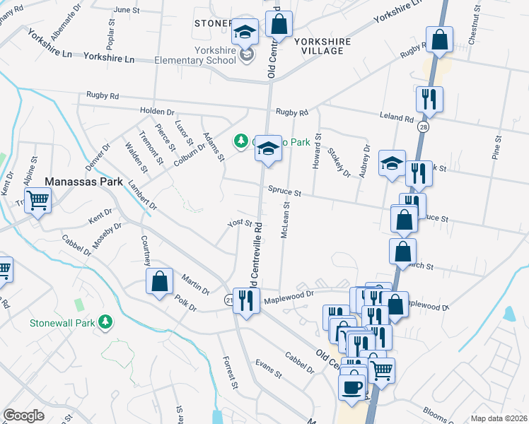 map of restaurants, bars, coffee shops, grocery stores, and more near 8007 Old Centreville Road in Manassas