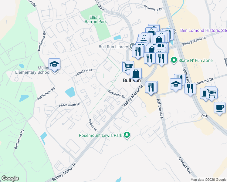 map of restaurants, bars, coffee shops, grocery stores, and more near 10945 Mission Ridge Drive in Manassas