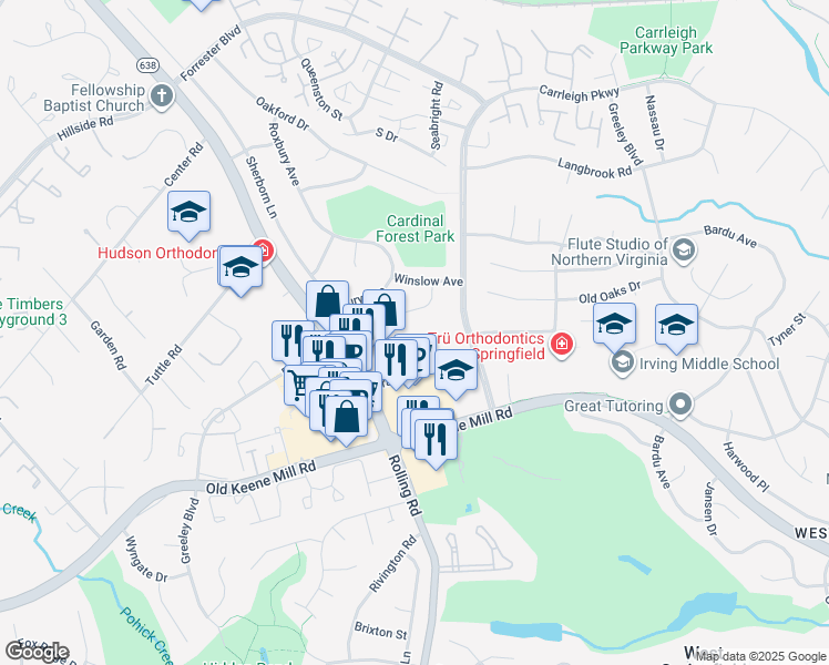 map of restaurants, bars, coffee shops, grocery stores, and more near 8322 Traford Lane in West Springfield