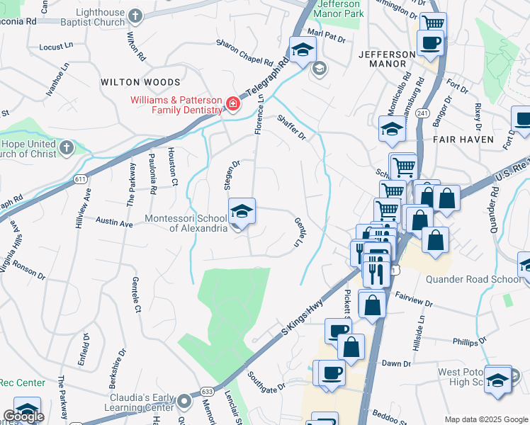 map of restaurants, bars, coffee shops, grocery stores, and more near 6204 Gentle Lane in Alexandria