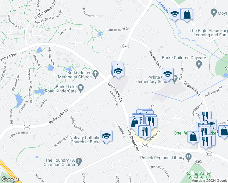 map of restaurants, bars, coffee shops, grocery stores, and more near 9695 Church Way in Burke