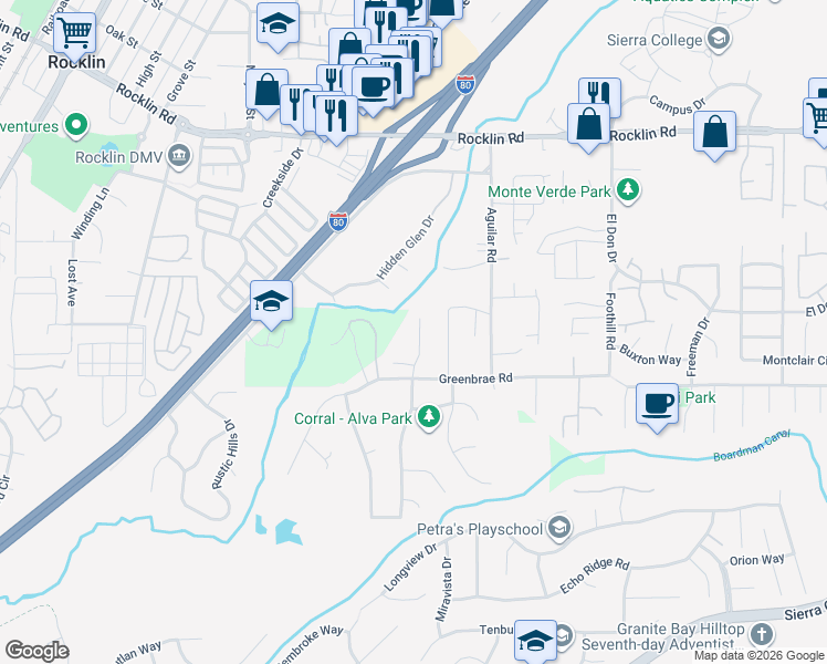 map of restaurants, bars, coffee shops, grocery stores, and more near 5880 Green Mountain Ln in Rocklin