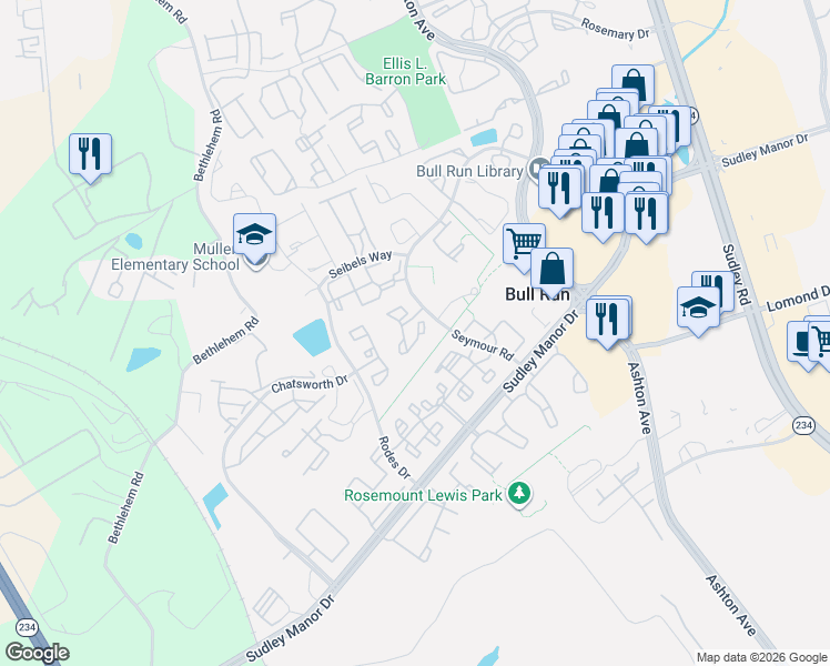 map of restaurants, bars, coffee shops, grocery stores, and more near 11000 Kinship Court in Manassas